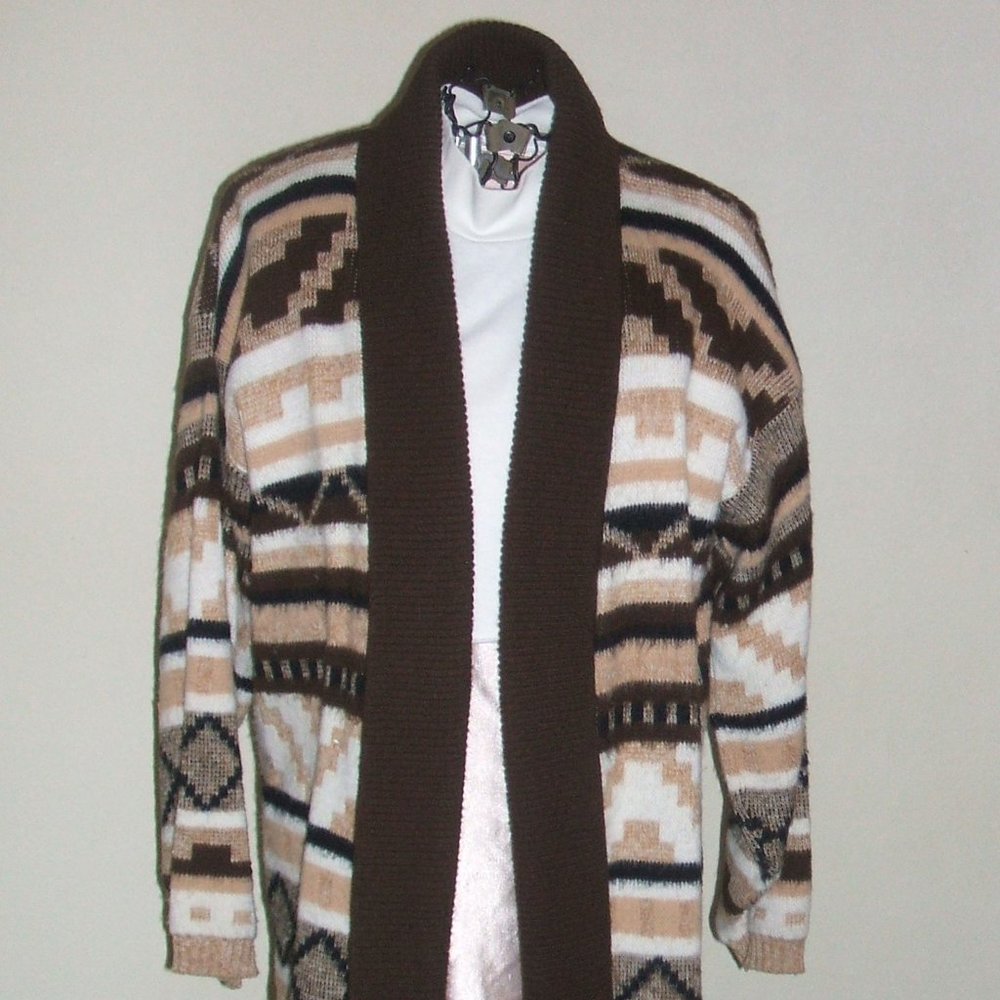 AZTEC PATTERN SWEATER COAT/JACKET BROWN/BEIGE SIZE 12-14